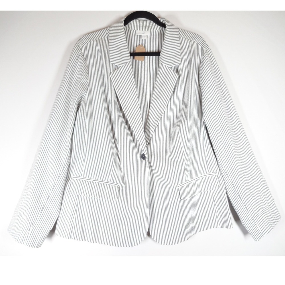 J. Jill Blazer Womens 1X Blue White Striped Single Button Coastal Career 3516